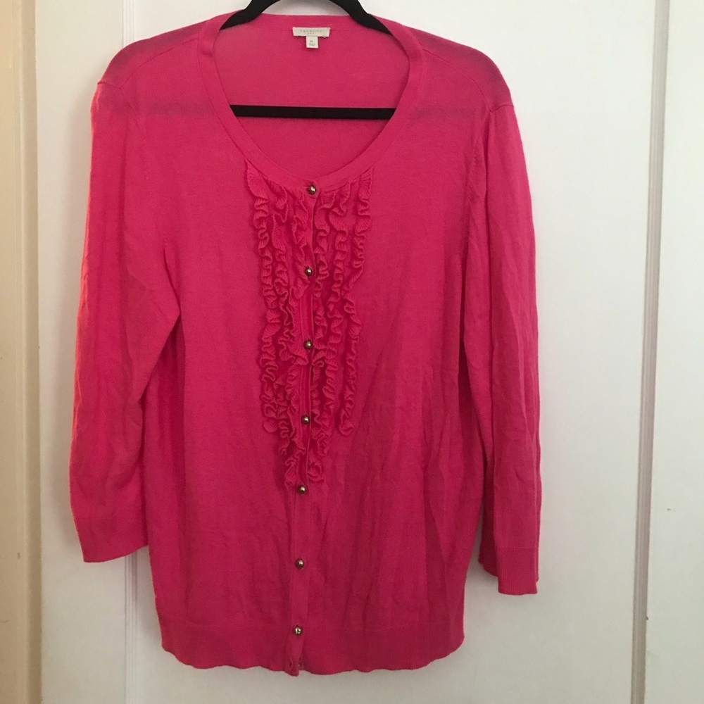 Talbots Pink Button up Sweater w/ 3/4 sleeves and ruffles down front